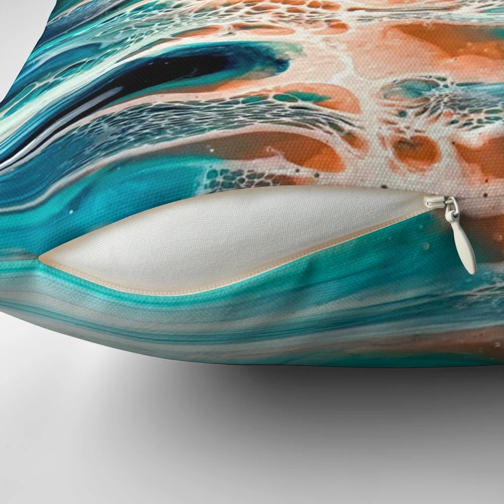 Coral, blue, teal, and grey ocean inspired abstract fluid art pillow