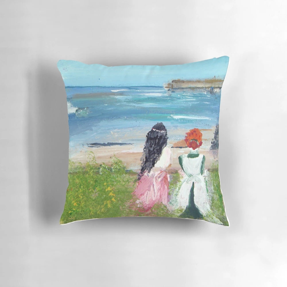 Coastal-themed 'By the Shore' decorative pillow featuring scenic PEI landscape