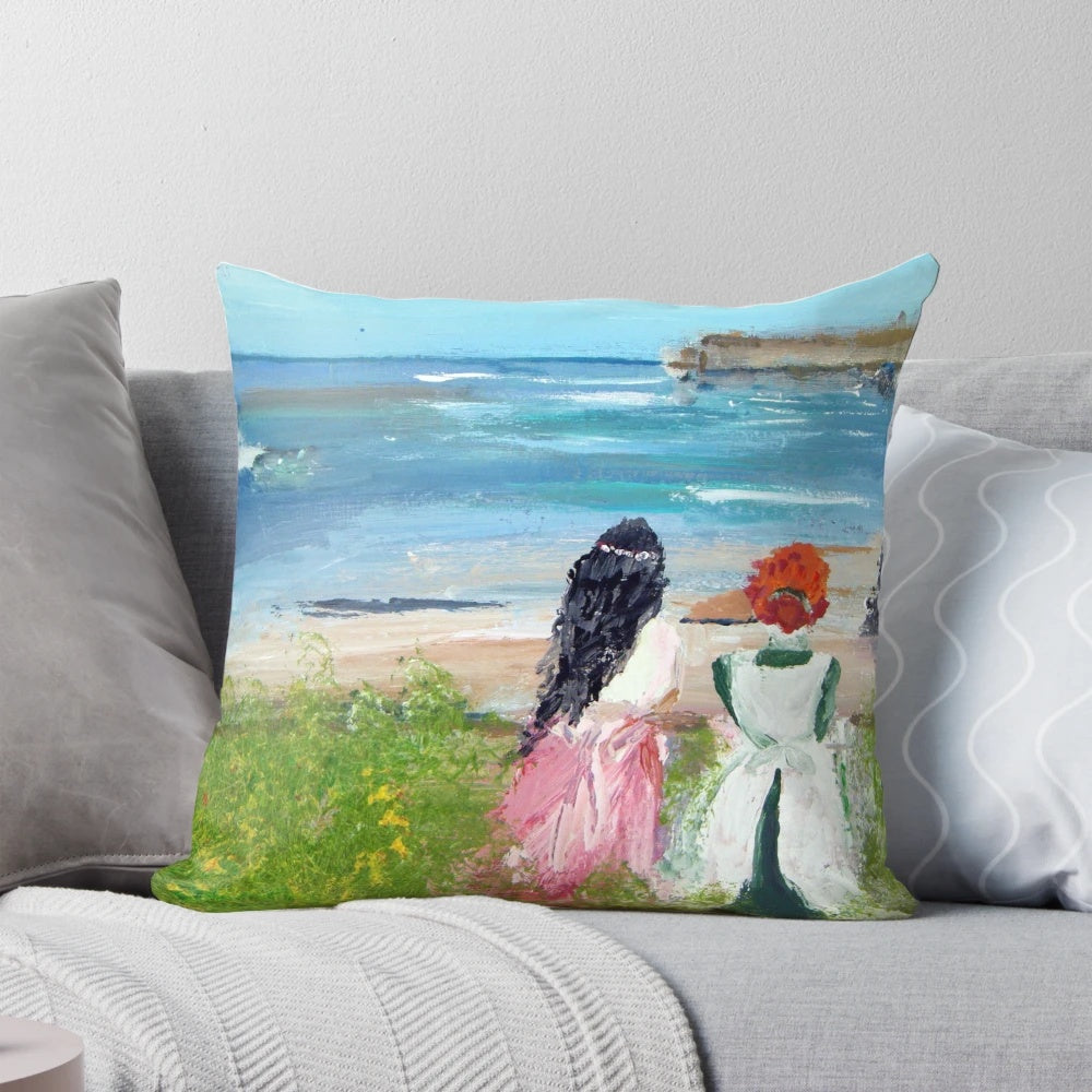 Coastal-themed 'By the Shore' decorative pillow featuring scenic PEI landscape