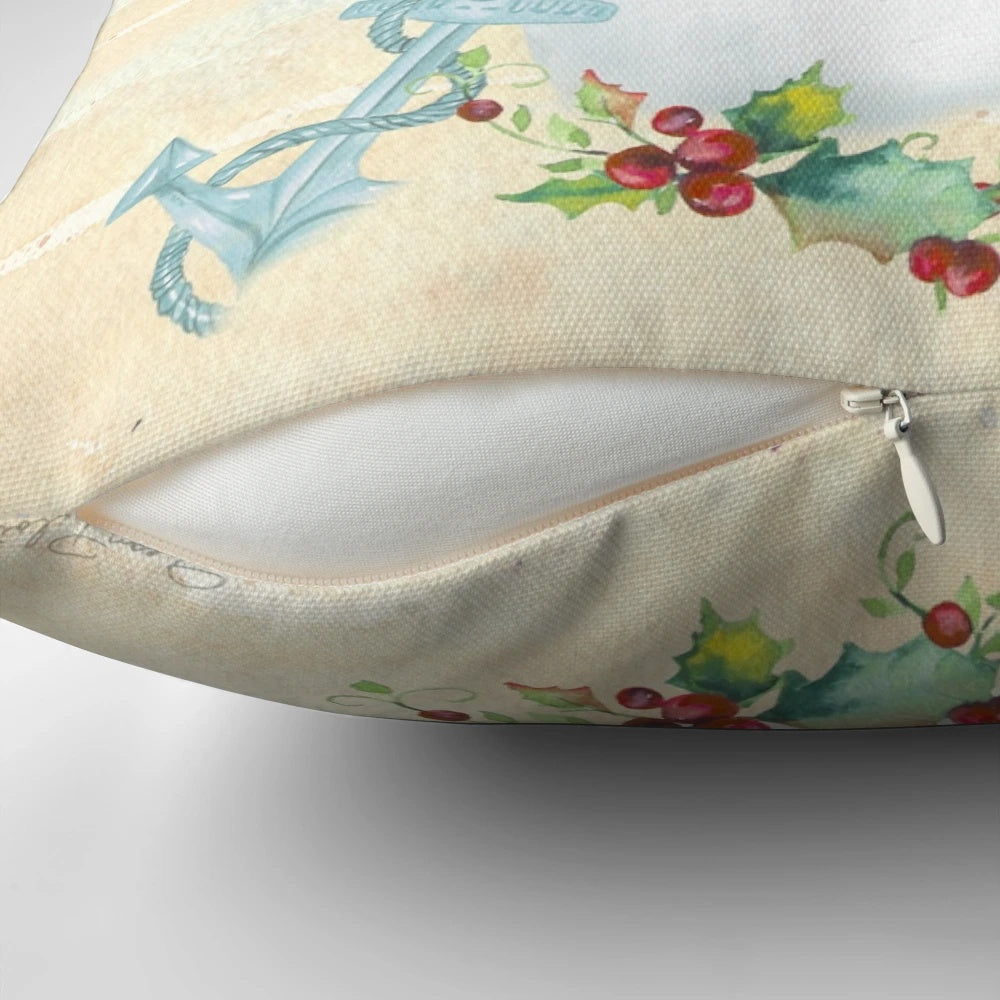 Coastal-themed Christmas pillow with seashells, starfish, and other nautical elements