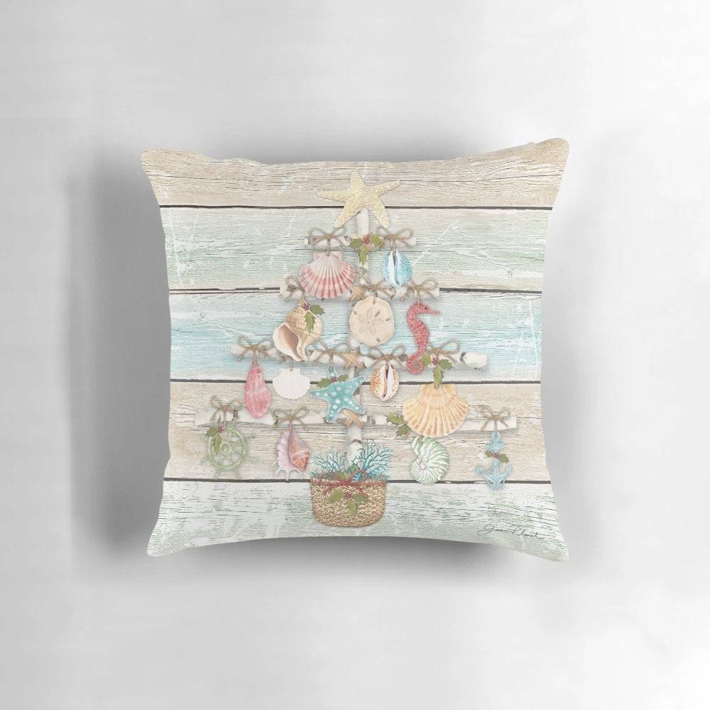 Coastal-Inspired Christmas Pillow with Shells, Starfish, and Nautical Accents