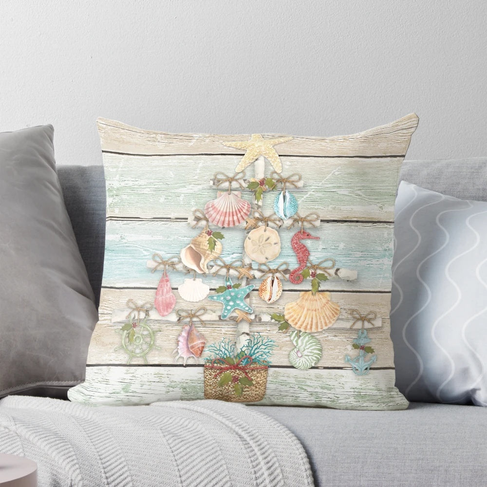 Coastal-Inspired Christmas Pillow with Shells, Starfish, and Nautical Accents
