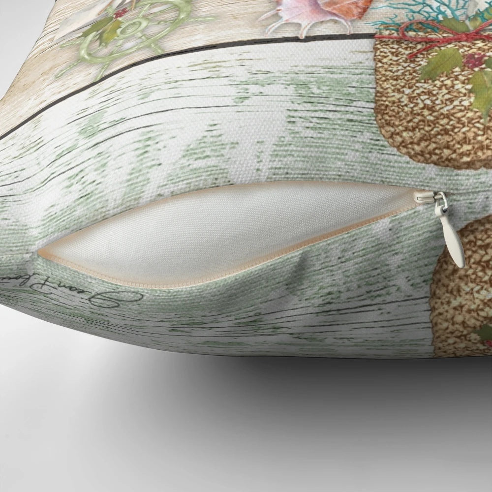 Coastal-Inspired Christmas Pillow with Shells, Starfish, and Nautical Accents