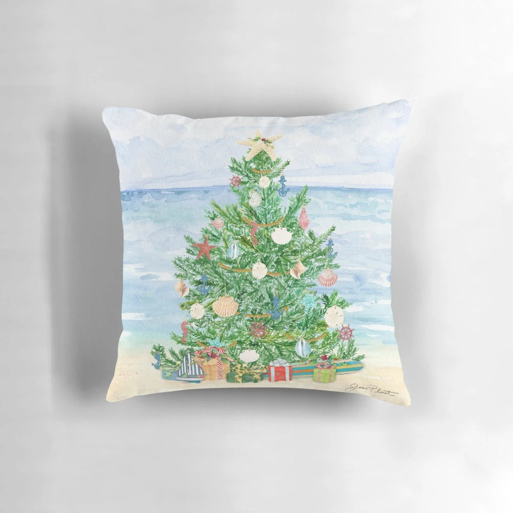 Coastal-themed Christmas throw pillow with seashells, anchors, and other nautical accents