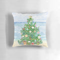 Coastal-themed Christmas throw pillow with seashells, anchors, and other nautical accents
