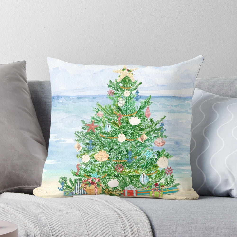 Coastal-themed Christmas throw pillow with seashells, anchors, and other nautical accents