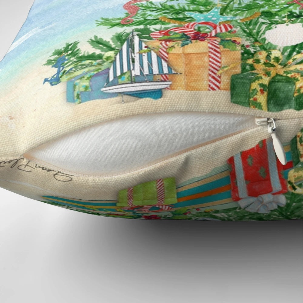Coastal-themed Christmas throw pillow with seashells, anchors, and other nautical accents