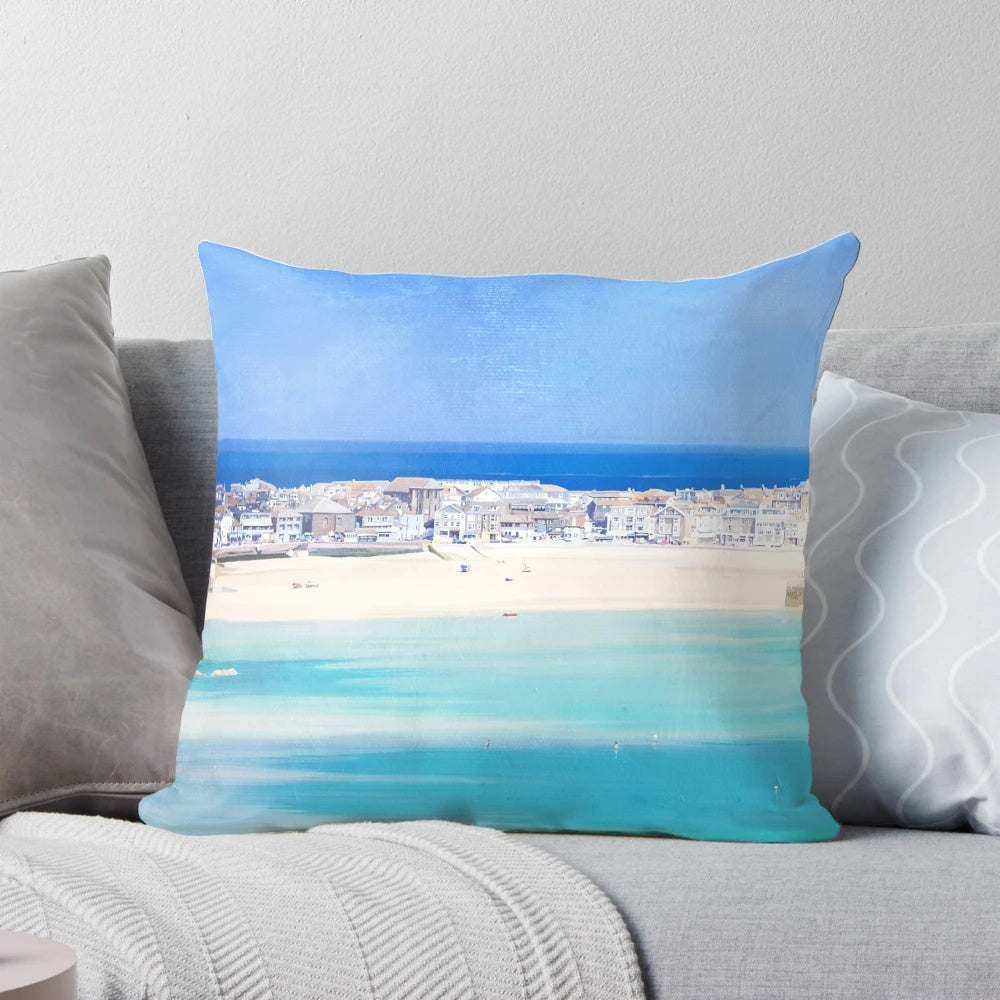 Coastal-inspired pillow with original design featuring the scenic landscapes of St Ives, Cornwall