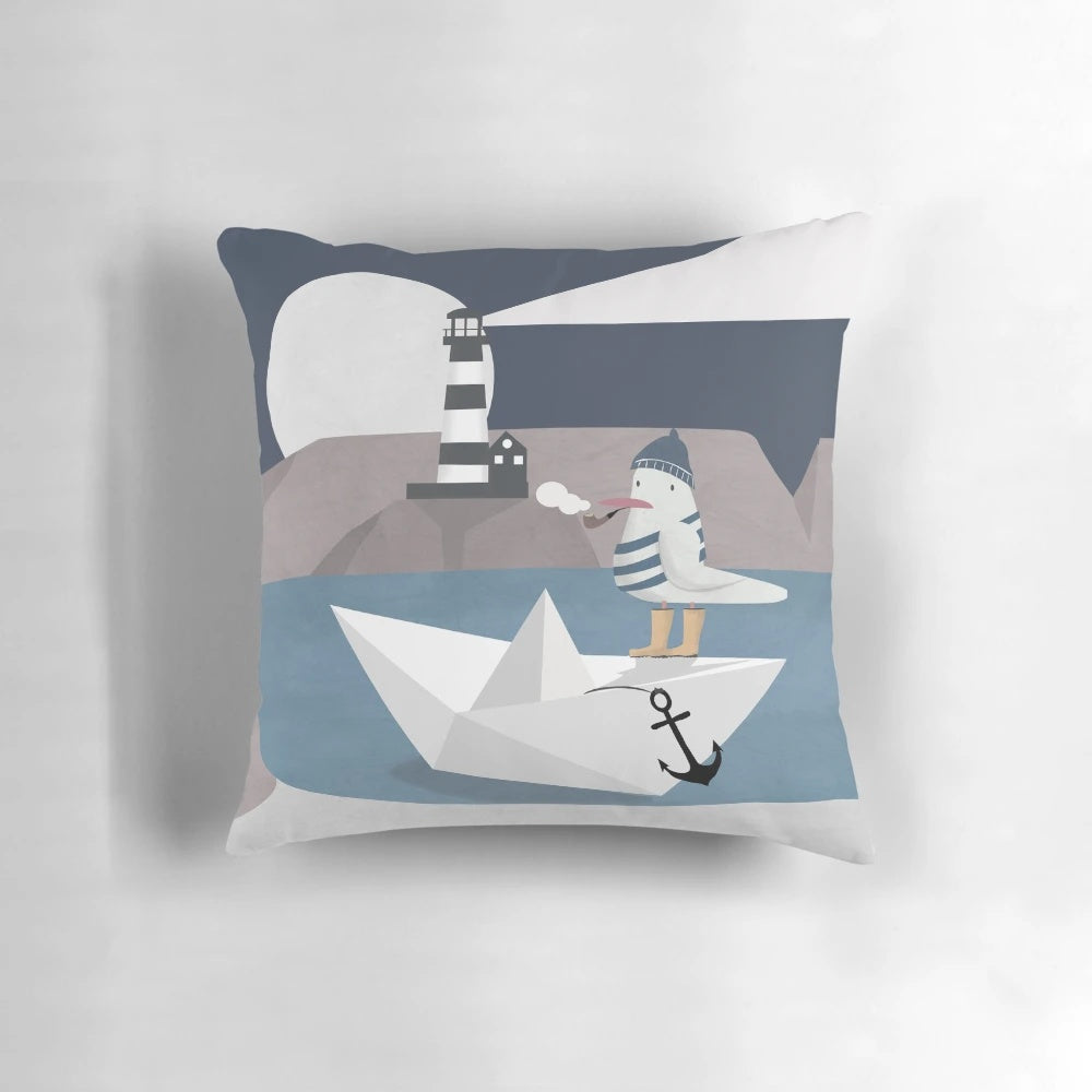 Coastal nautical decorative throw pillow featuring a fisher seagull design