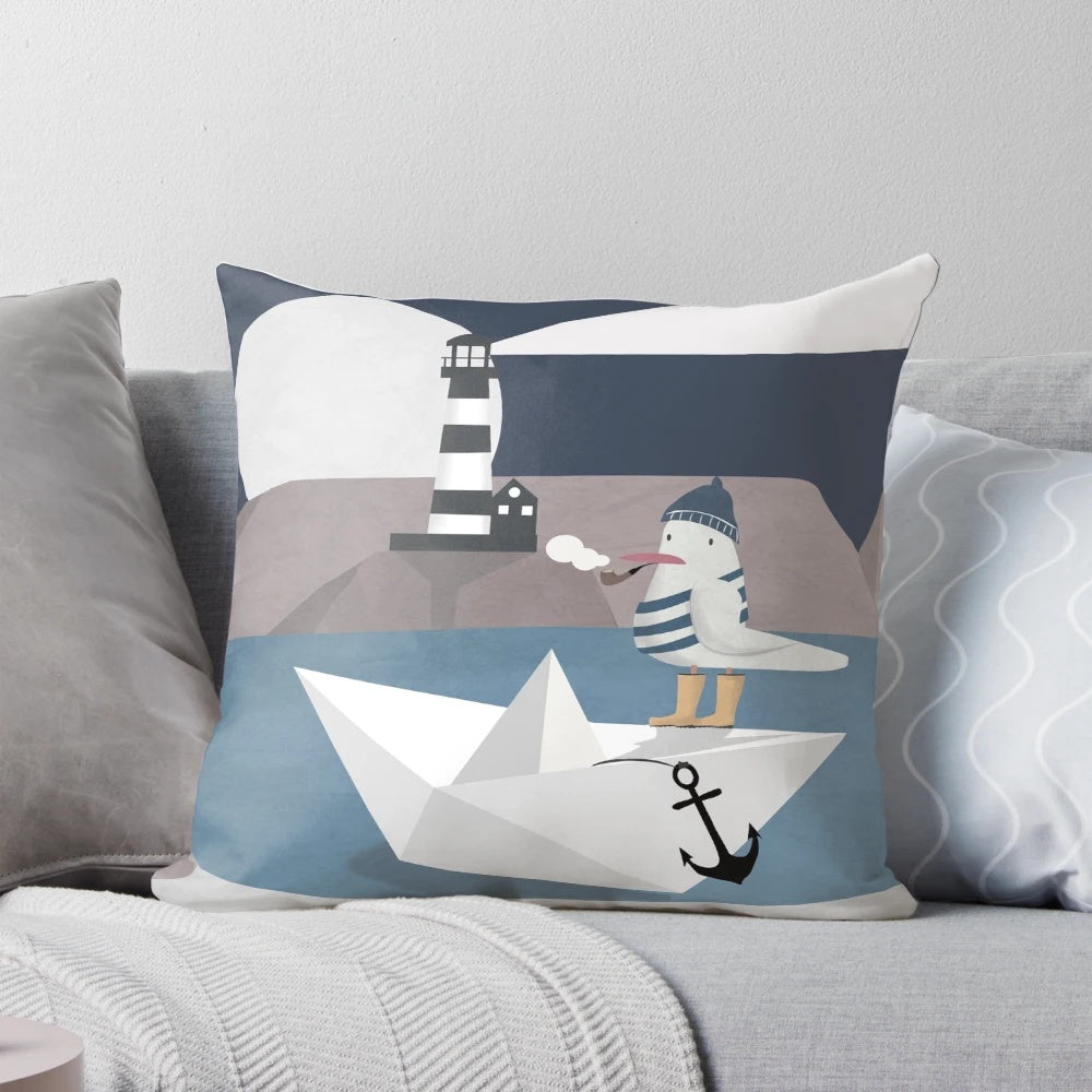 Coastal nautical decorative throw pillow featuring a fisher seagull design