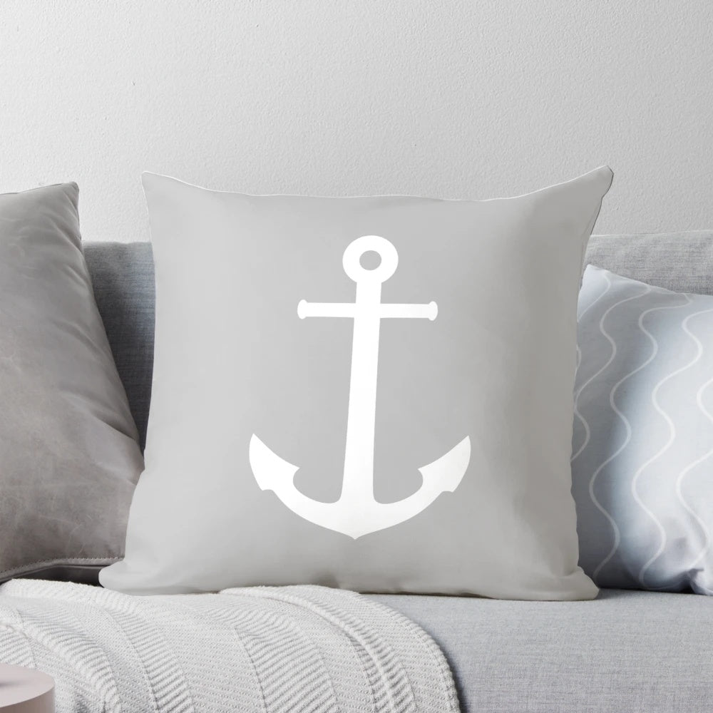 Silver gray anchor design printed on a decorative throw pillow