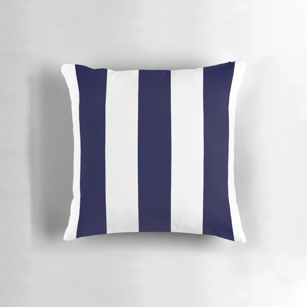 Navy blue and white striped coastal accent pillow