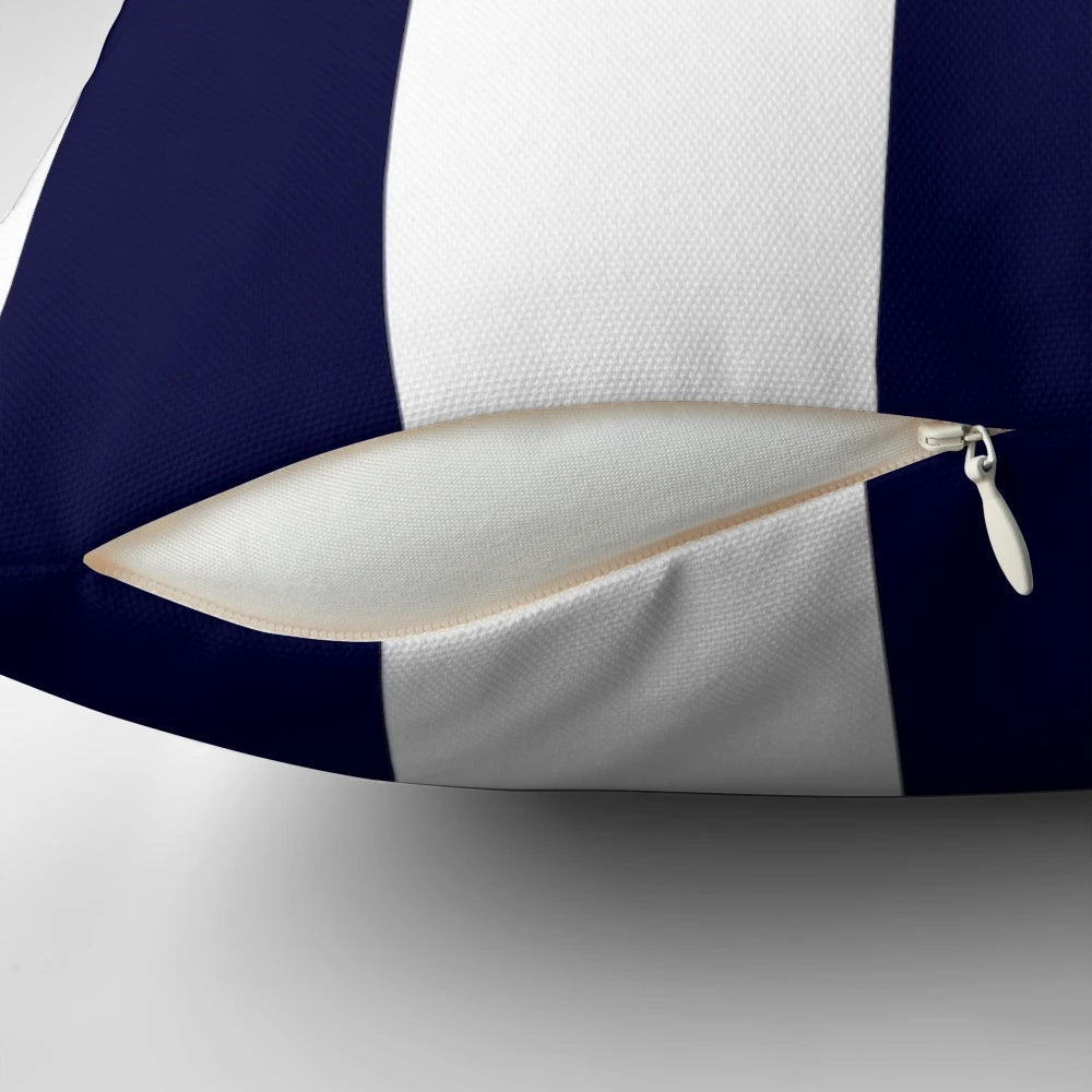 Navy blue and white striped coastal accent pillow