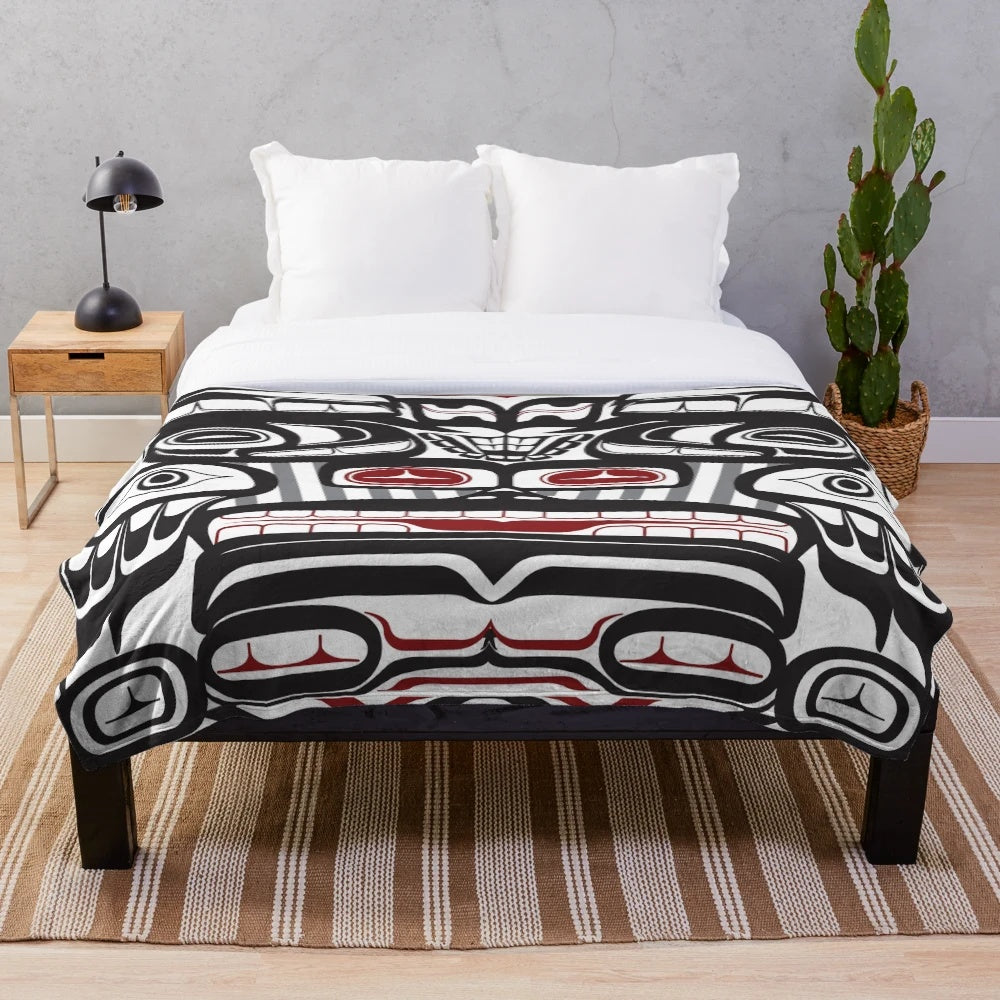 Coastal Salish Haida inspired native american plush blanket with thunderbird, bear, and orca totem pole design