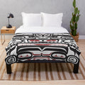 Coastal Salish Haida inspired native american plush blanket with thunderbird, bear, and orca totem pole design