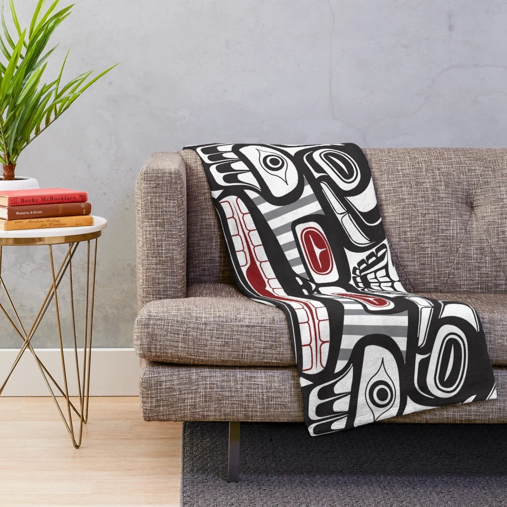 Coastal Salish Haida inspired native american plush blanket with thunderbird, bear, and orca totem pole design
