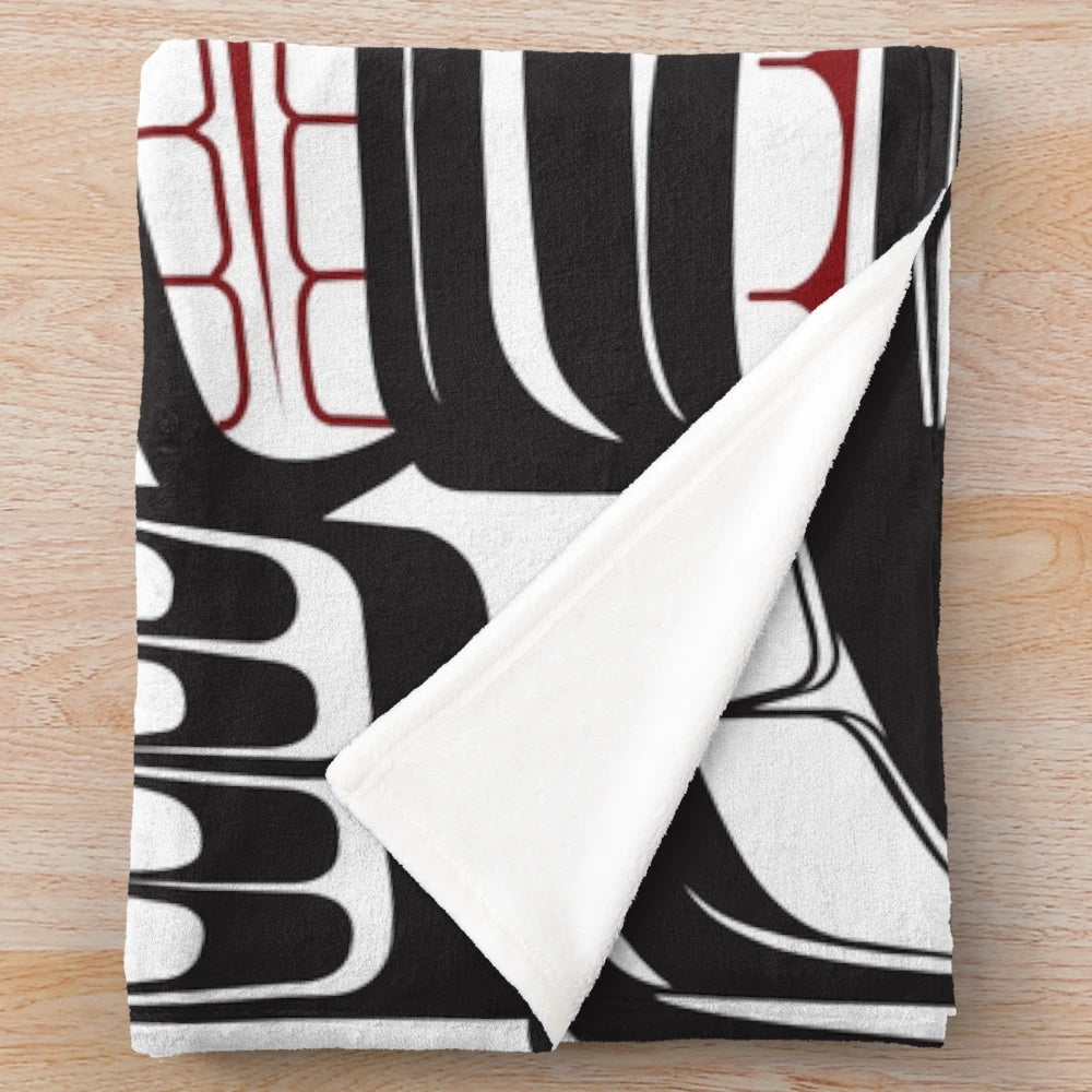 Coastal Salish Haida inspired native american plush blanket with thunderbird, bear, and orca totem pole design