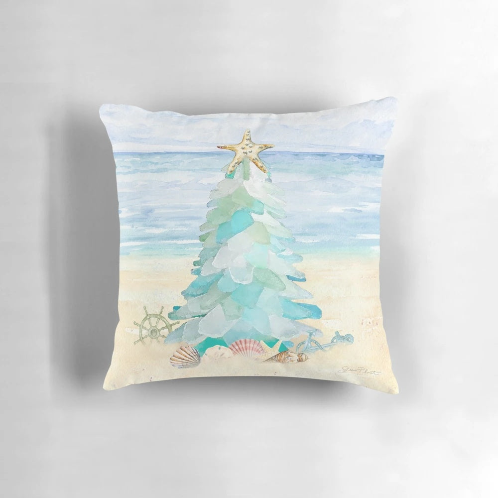 Coastal Seaglass Holiday Throw Pillow with Christmas Tree Design