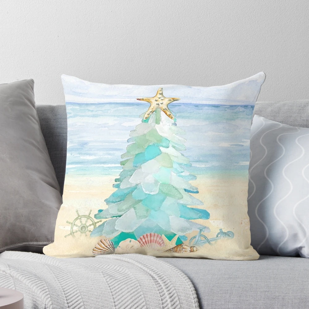 Coastal Seaglass Holiday Throw Pillow with Christmas Tree Design