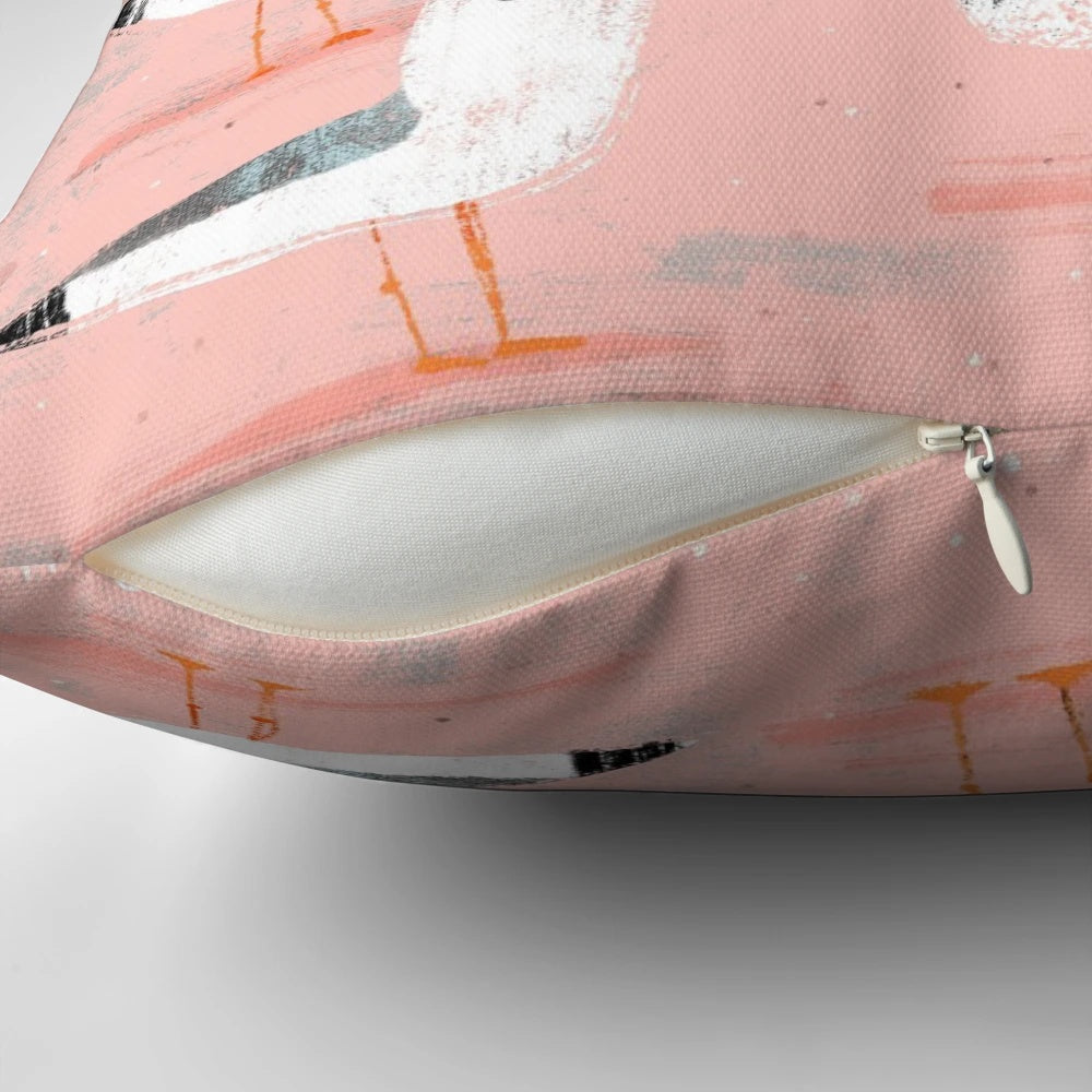 Digital illustration of seagulls flying over a coastal beach scene, used as a decorative throw pillow.