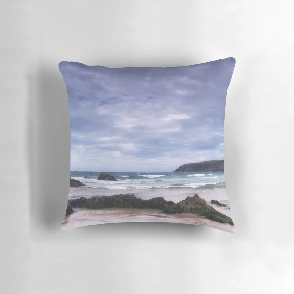 Pillow featuring a picturesque coastal seascape of Ness Beach, Isle of Lewis, Scotland