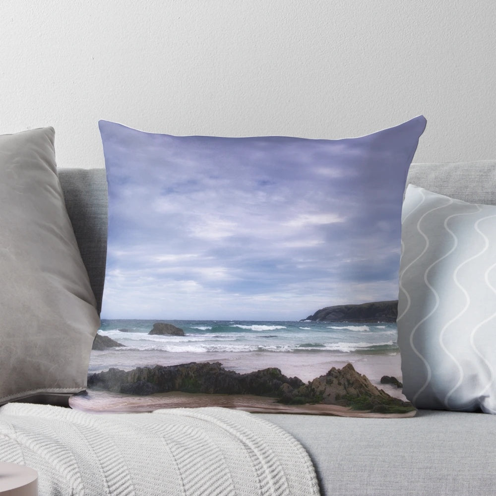 Pillow featuring a picturesque coastal seascape of Ness Beach, Isle of Lewis, Scotland