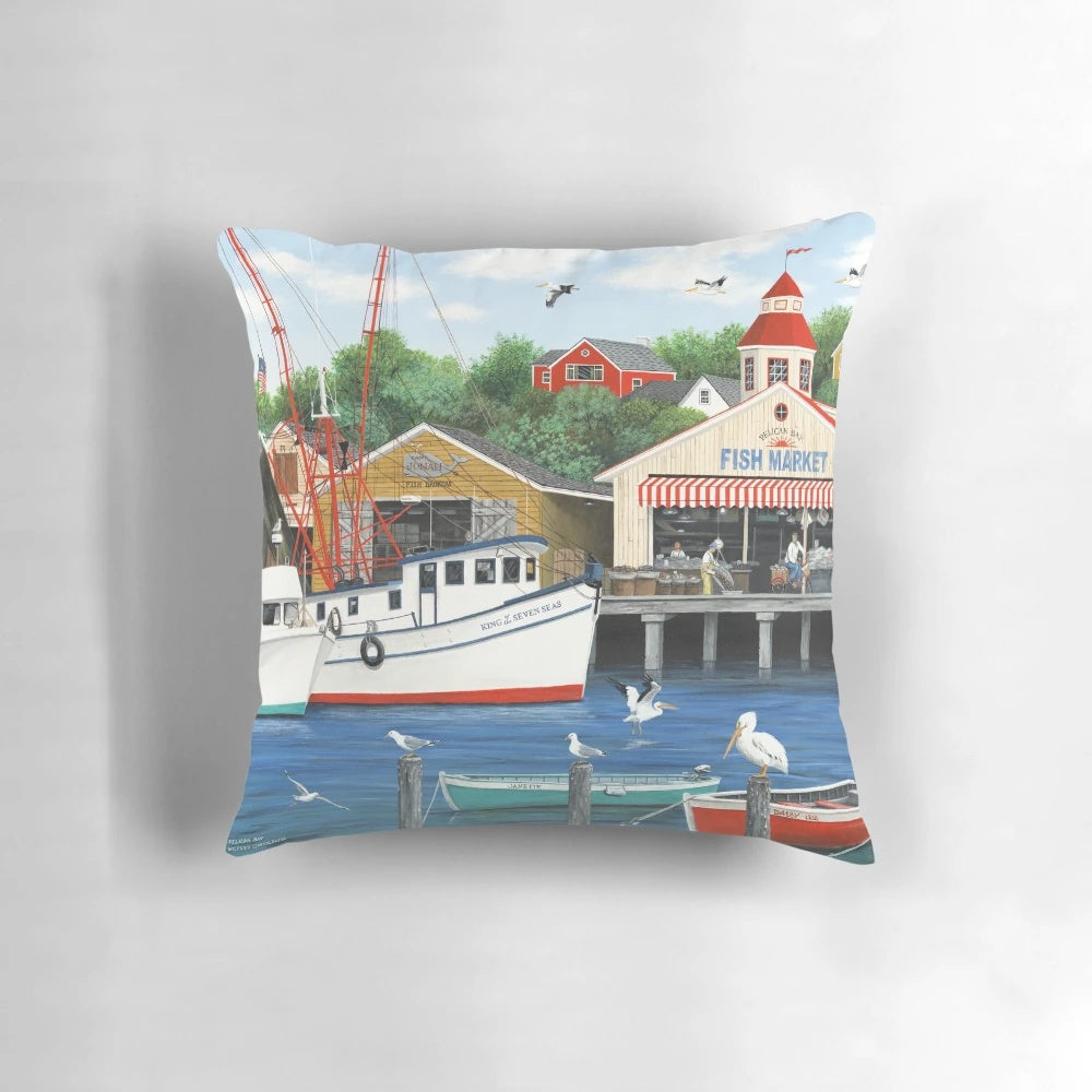 Pelican Bay Pillow featuring a seascape design with pelicans, gulls, and a coastal scene