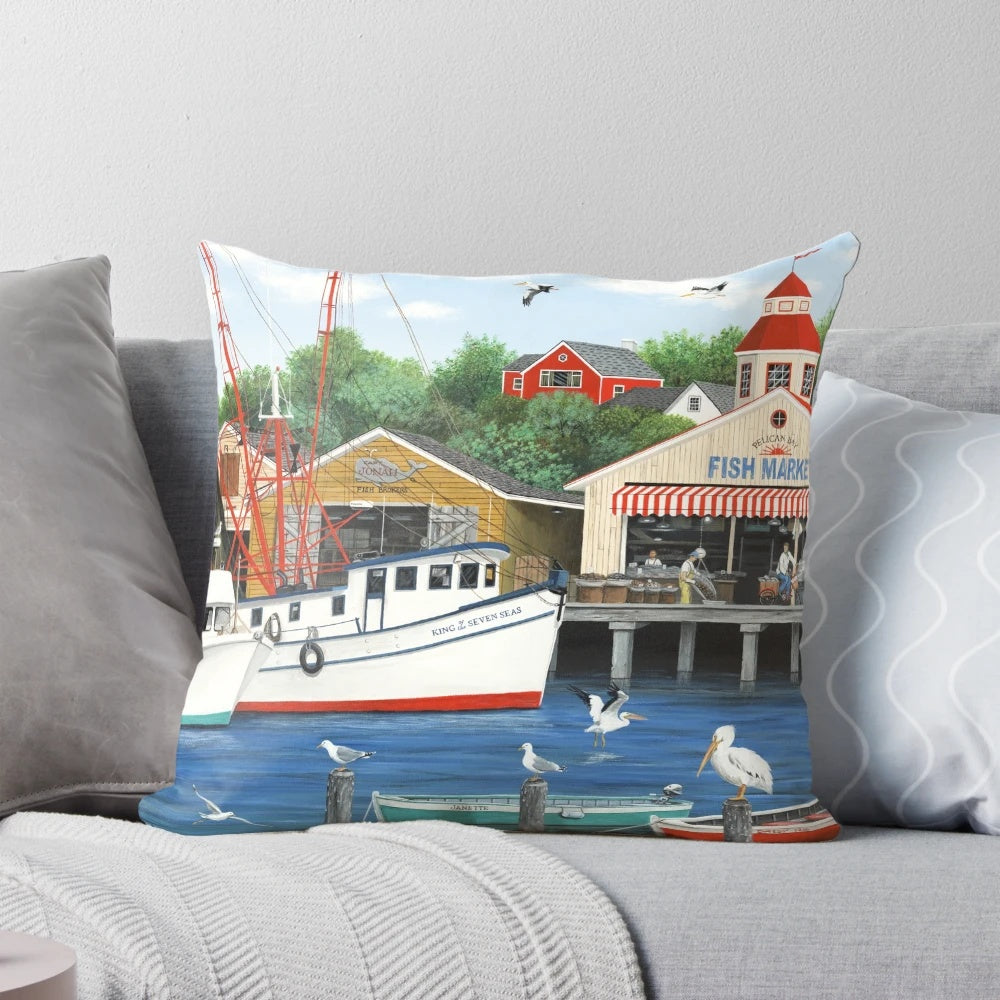 Pelican Bay Pillow featuring a seascape design with pelicans, gulls, and a coastal scene