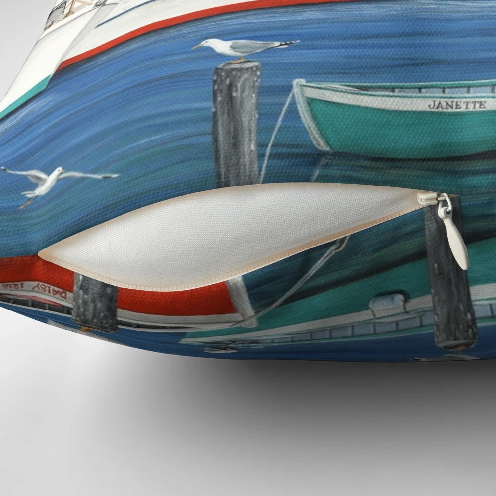 Pelican Bay Pillow featuring a seascape design with pelicans, gulls, and a coastal scene