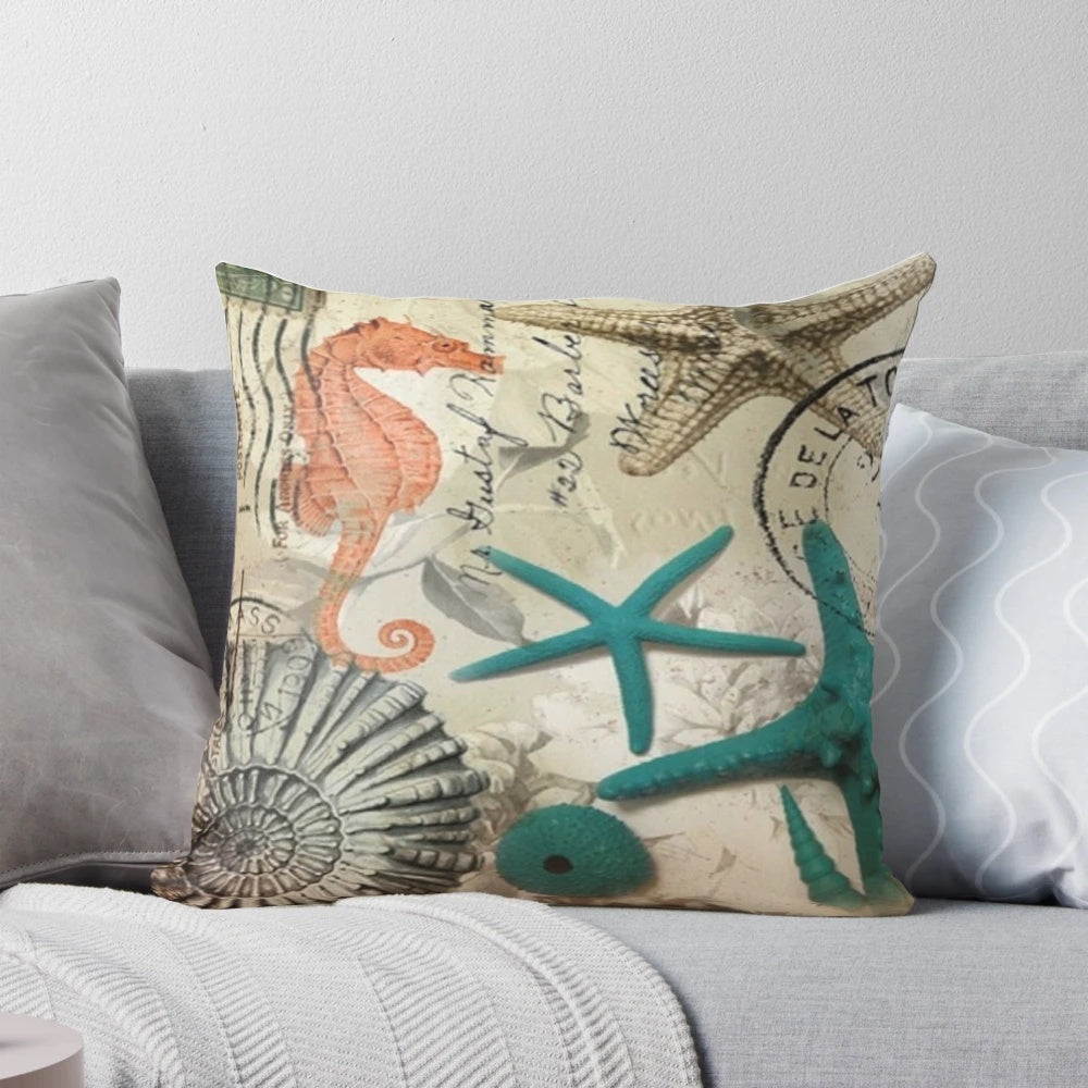 Coastal-themed decorative throw pillow with teal, starfish, and seahorse design