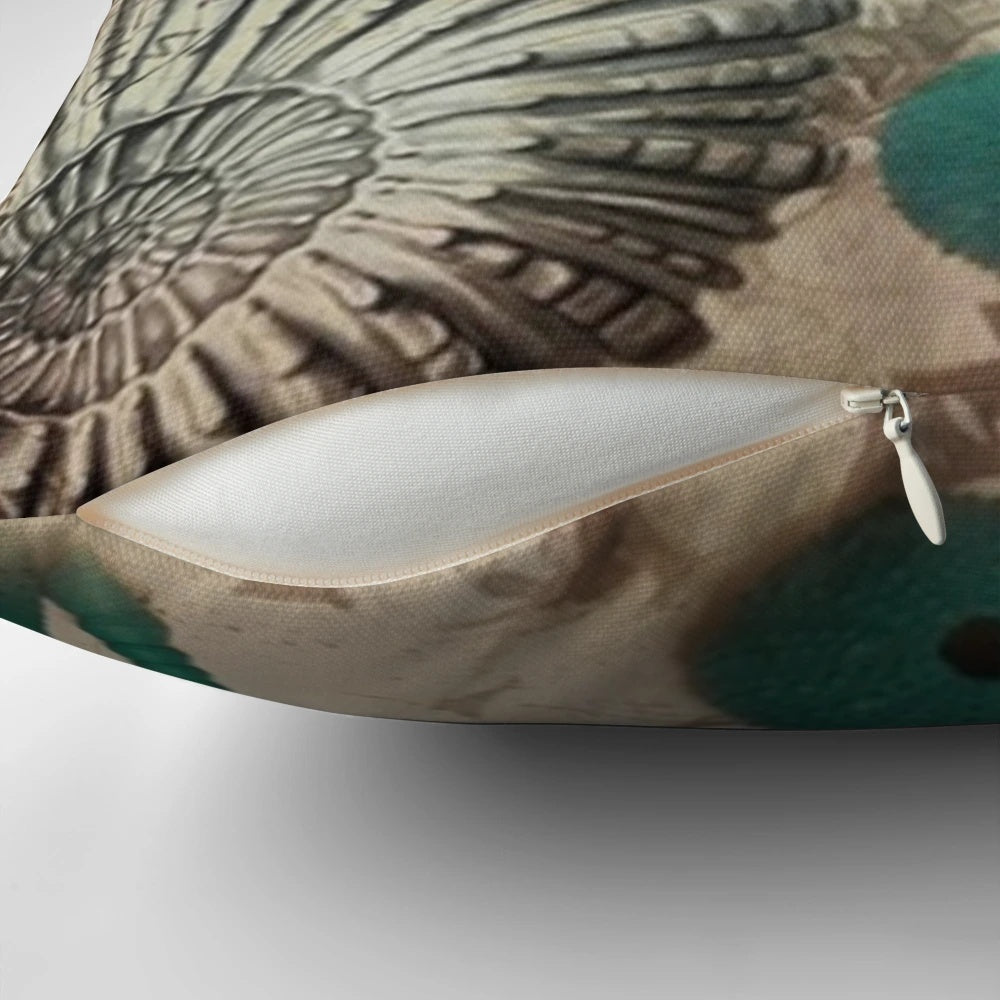 Coastal-themed decorative throw pillow with teal, starfish, and seahorse design