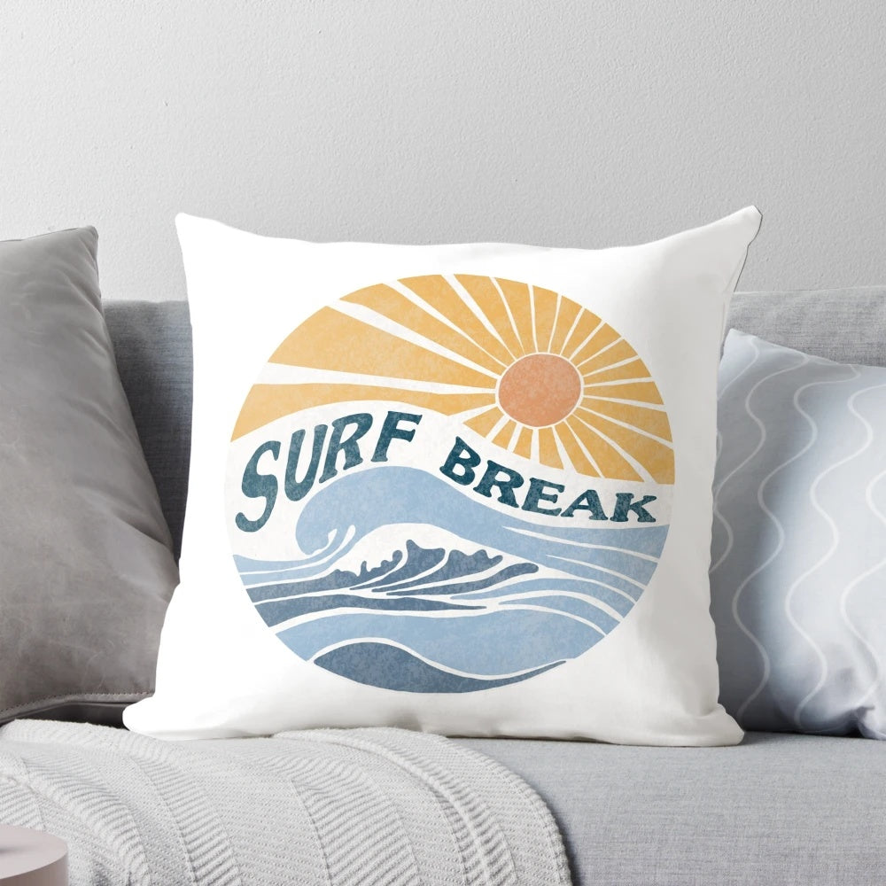 A vibrant coastal surf break pillow featuring waves and beach scenery.