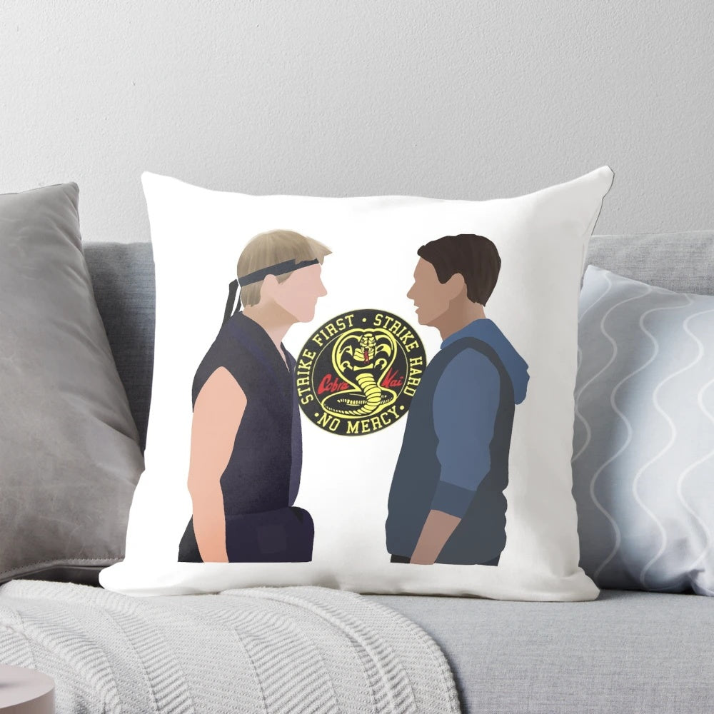 Cobra Kai and Karate Kid inspired retro pillow featuring Daniel LaRusso and the Cobra Kai dojo