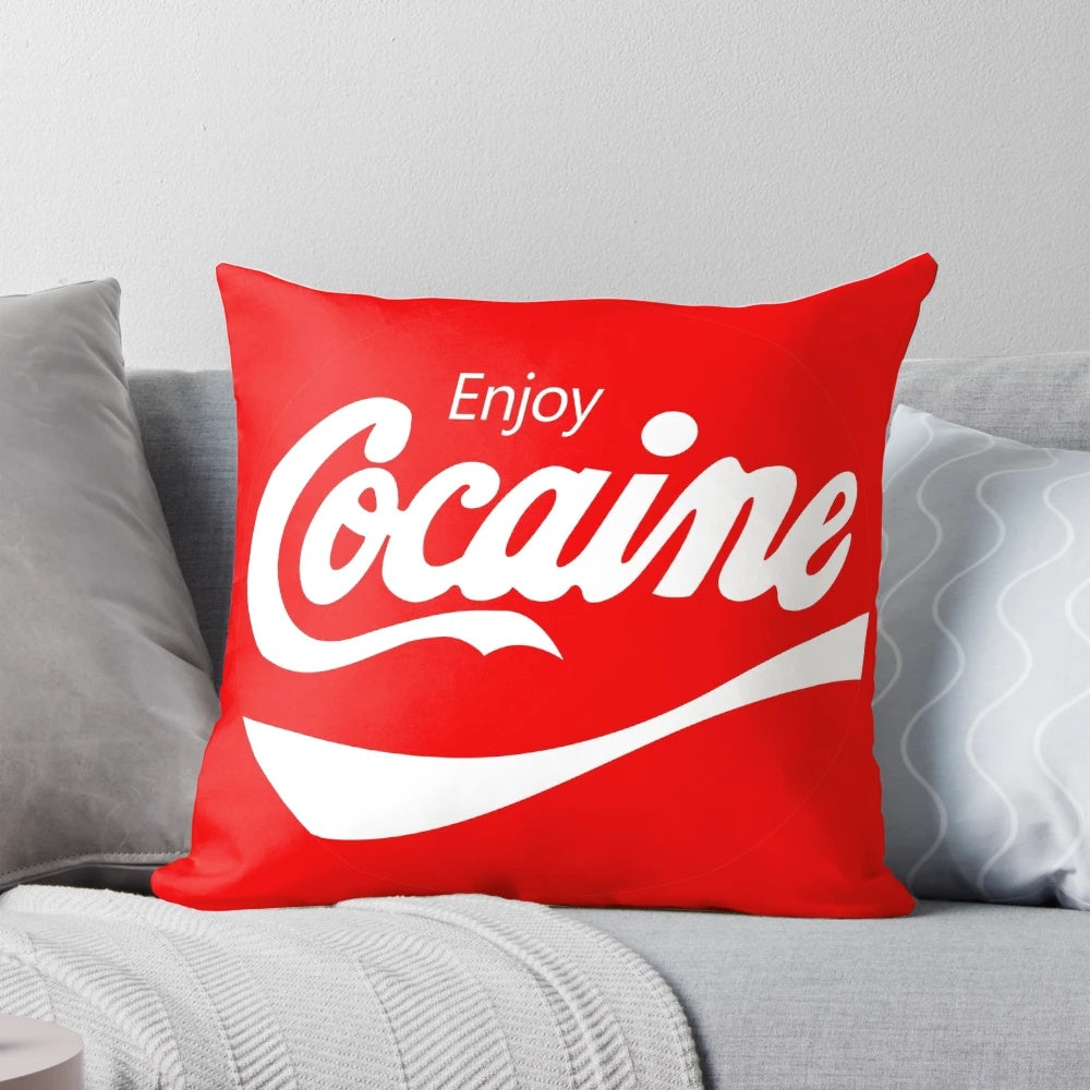 Coca-Cola themed decorative pillow with a humorous, satirical design