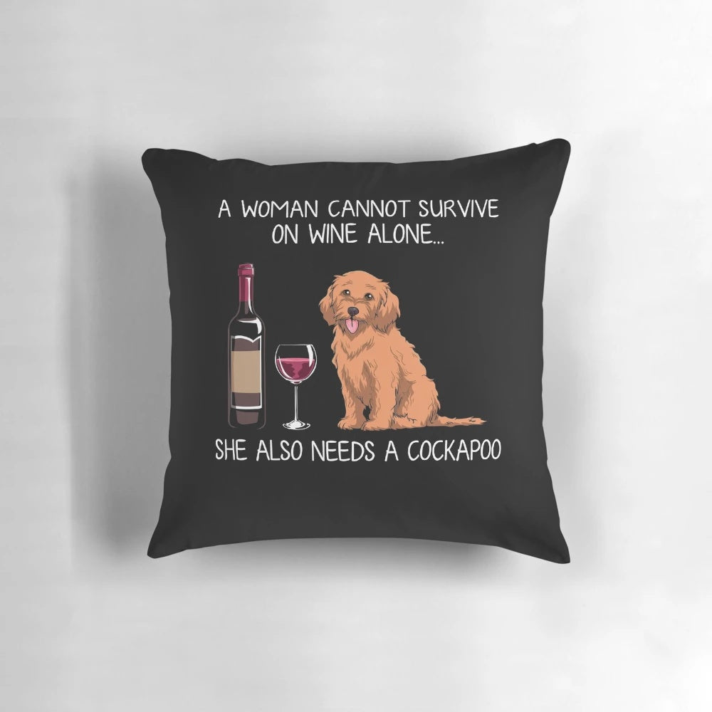Cozy decorative pillow featuring a cockapoo dog and wine glass design, perfect for dog moms and dog lovers.