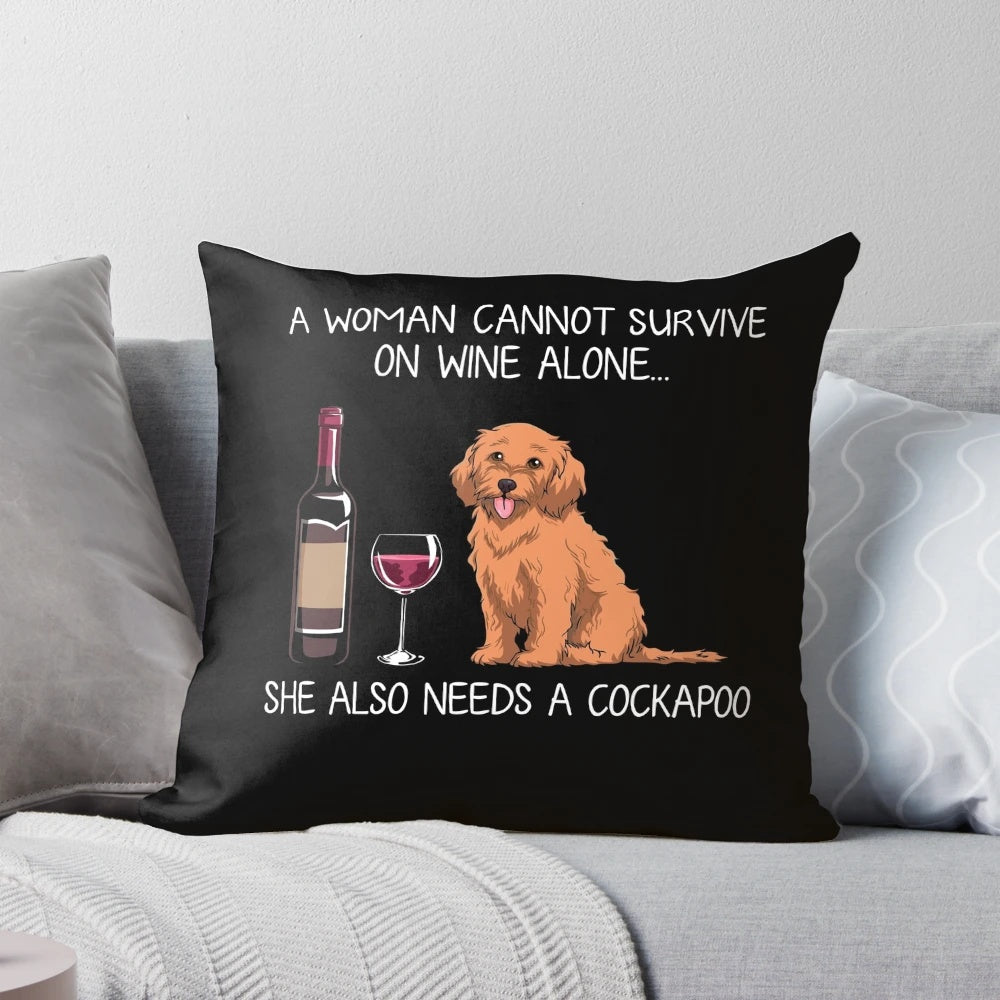Cozy decorative pillow featuring a cockapoo dog and wine glass design, perfect for dog moms and dog lovers.
