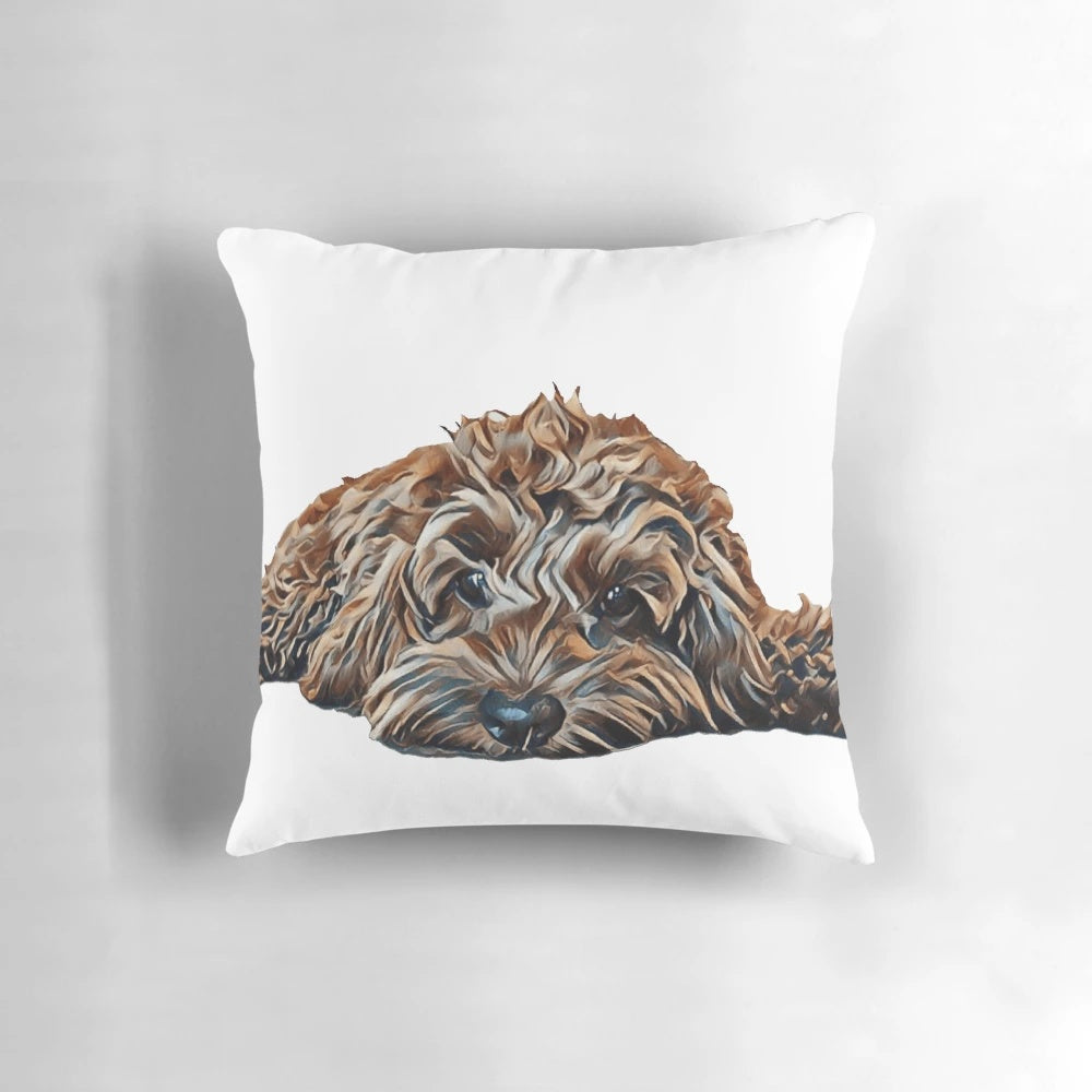 Closeup of a hand-drawn cockapoo dog on a white background, featured on a decorative throw pillow