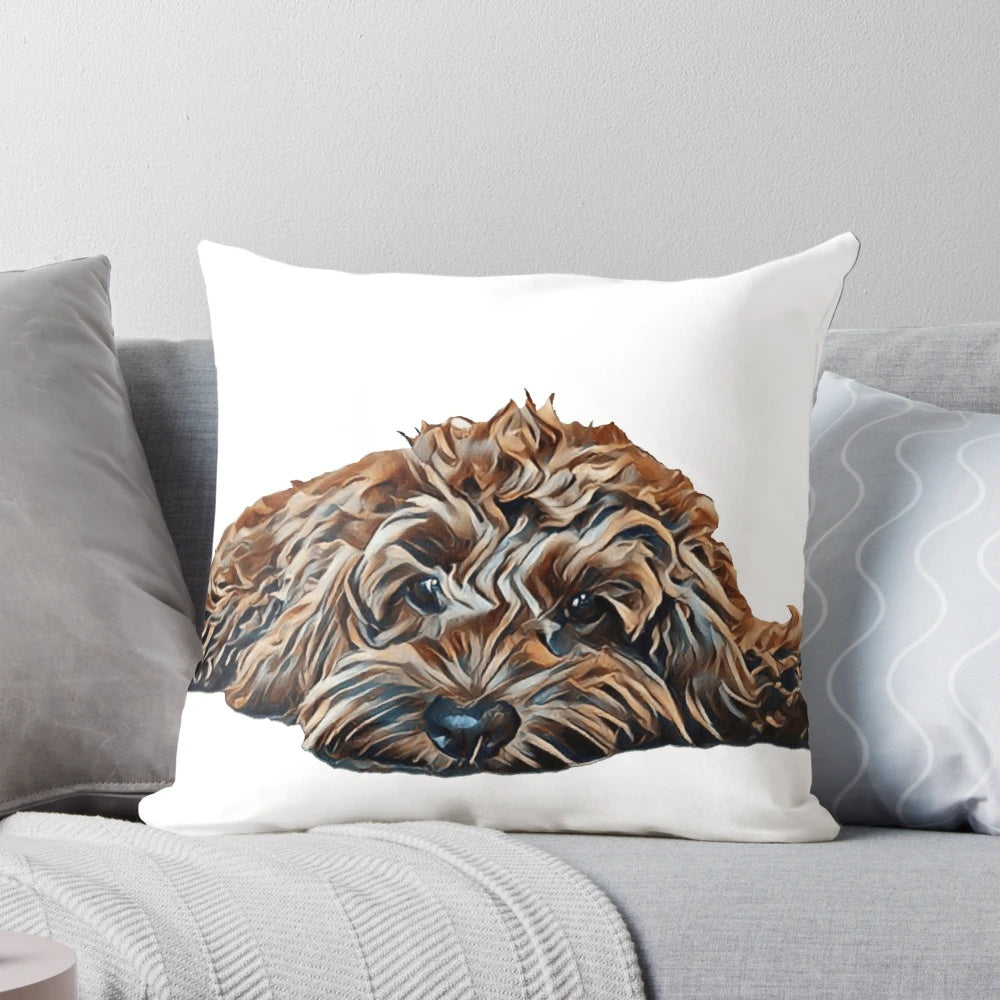 Closeup of a hand-drawn cockapoo dog on a white background, featured on a decorative throw pillow
