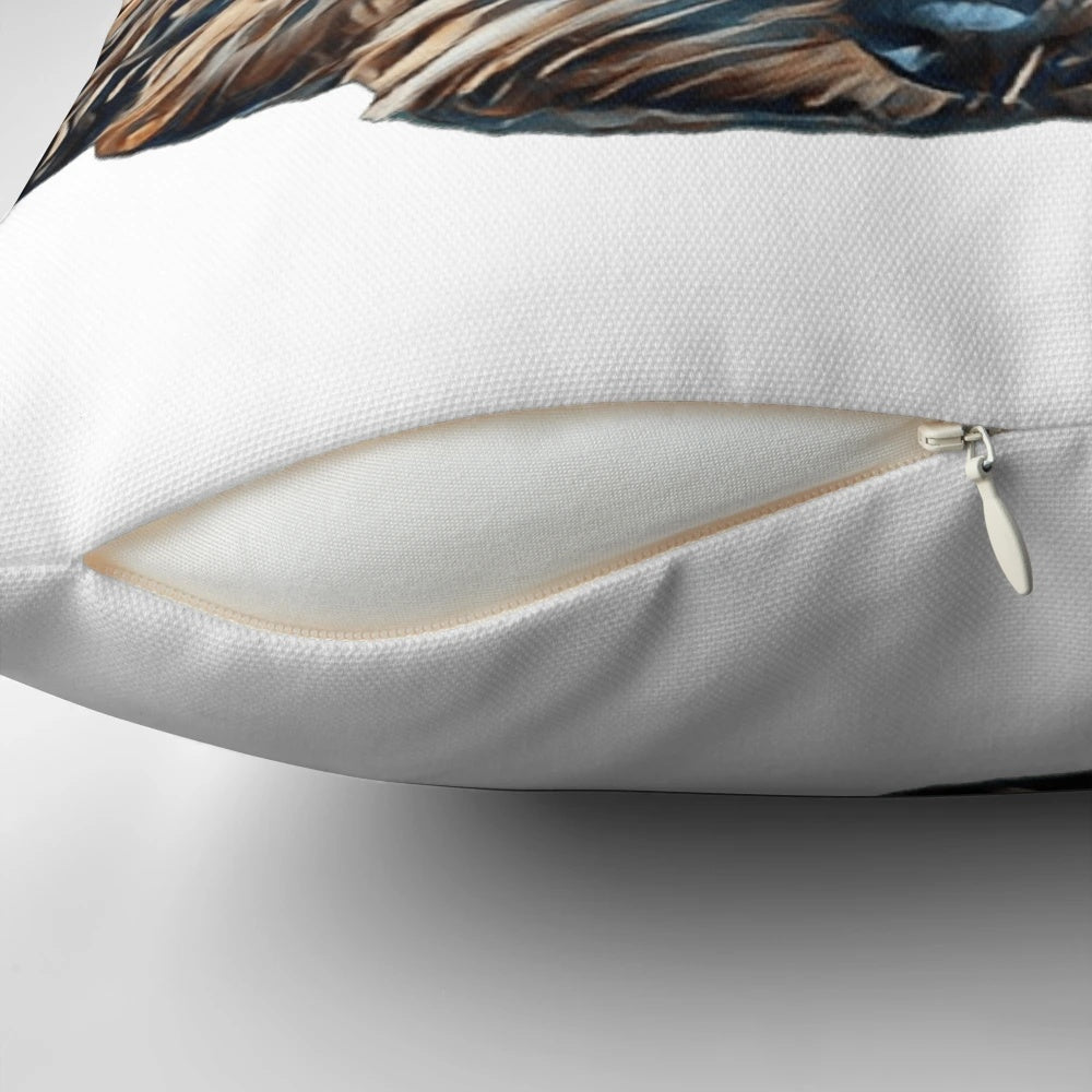 Closeup of a hand-drawn cockapoo dog on a white background, featured on a decorative throw pillow