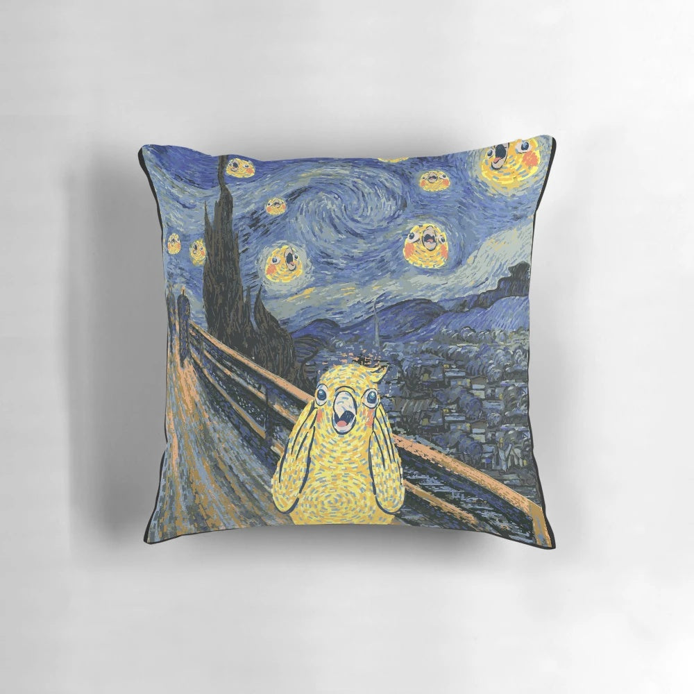 Cockatiel Starry Night Parody Pillow featuring a cute and funny bird design inspired by Van Gogh's Starry Night