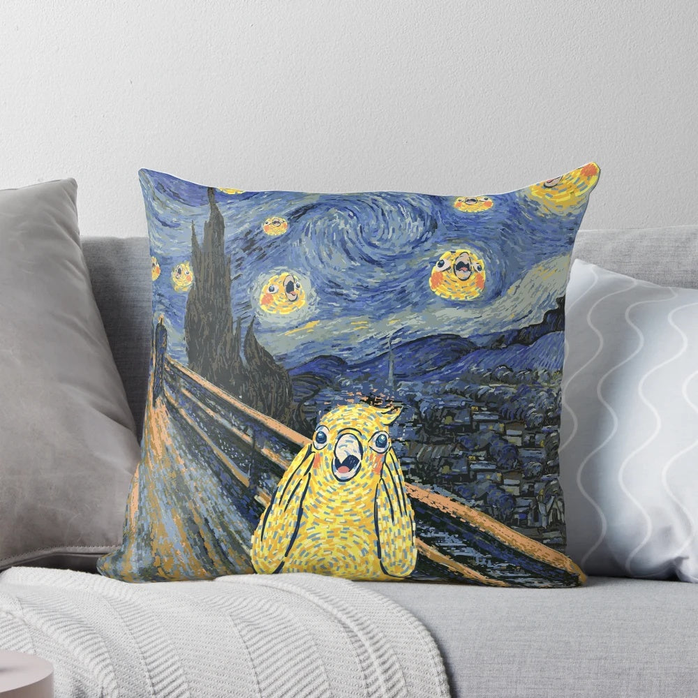Cockatiel Starry Night Parody Pillow featuring a cute and funny bird design inspired by Van Gogh's Starry Night