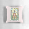 A cozy and mystical coffee reading tarot pillow with a cat and hands design
