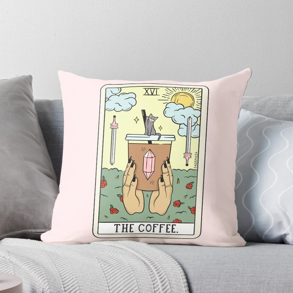 A cozy and mystical coffee reading tarot pillow with a cat and hands design