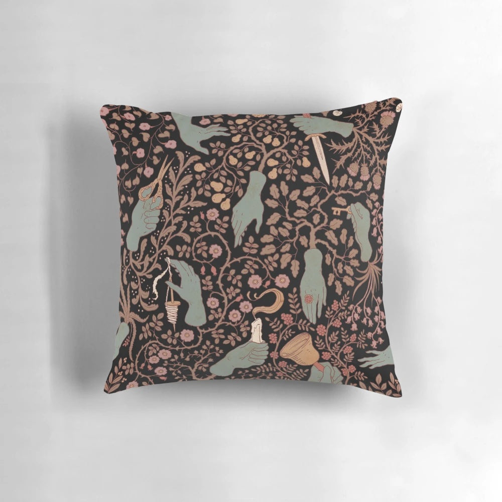 Cold, enchanted hands printed on a soft, cozy pillow for a spooky, fairytale-inspired home décor.