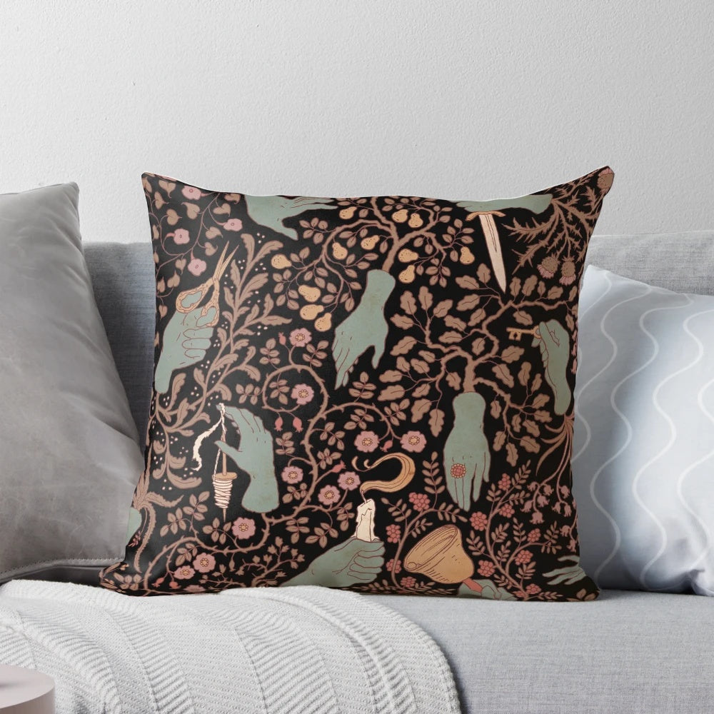 Cold, enchanted hands printed on a soft, cozy pillow for a spooky, fairytale-inspired home décor.