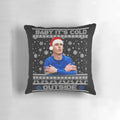 A cozy and festive pillow featuring the phrase "It's Cold Outside" with Cole Palmer's name and holiday designs.