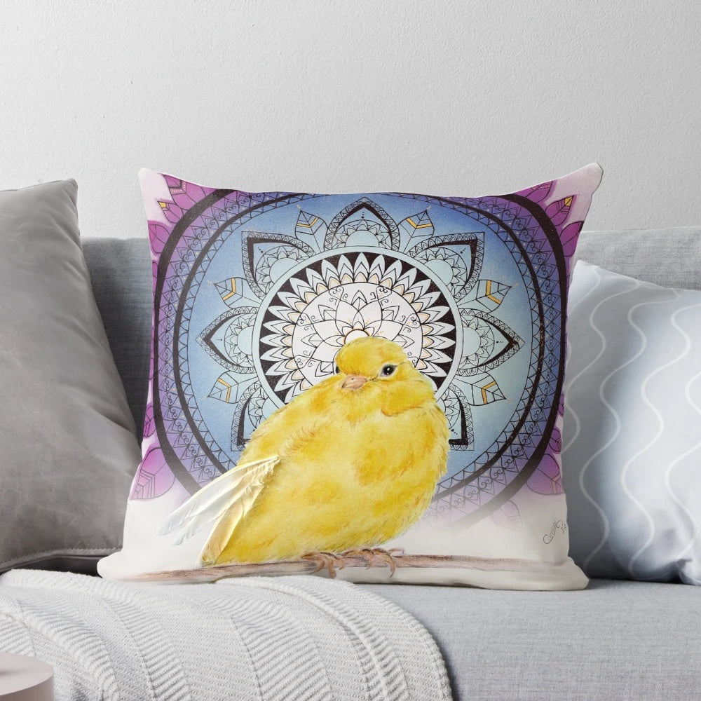 Yellow bird decorative pillow for collaboration and home decor