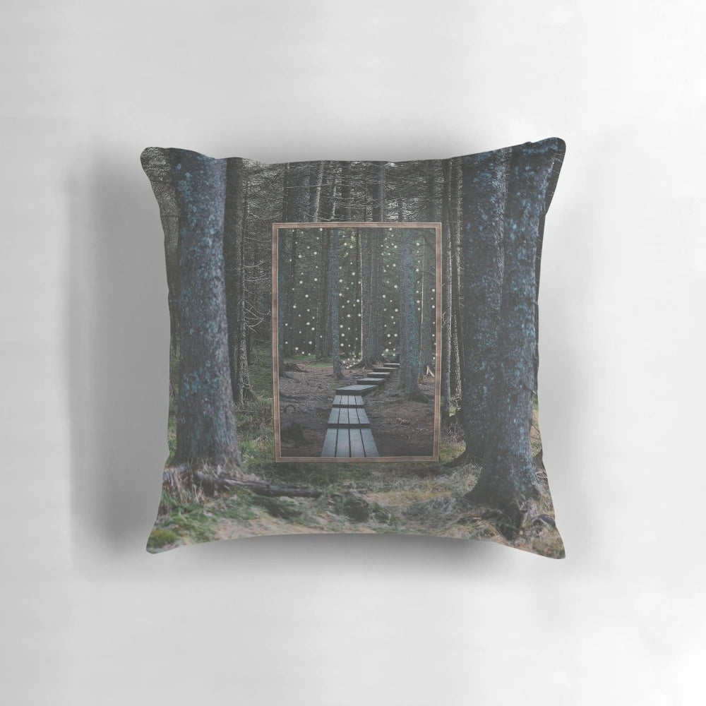 Collage art pillow featuring a mirror framed in a vintage woods and nature landscape design