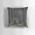 Collage art pillow featuring a mirror framed in a vintage woods and nature landscape design