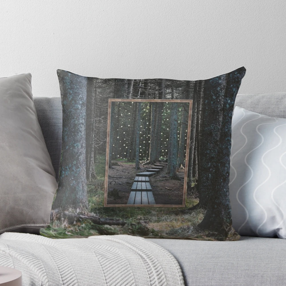 Collage art pillow featuring a mirror framed in a vintage woods and nature landscape design